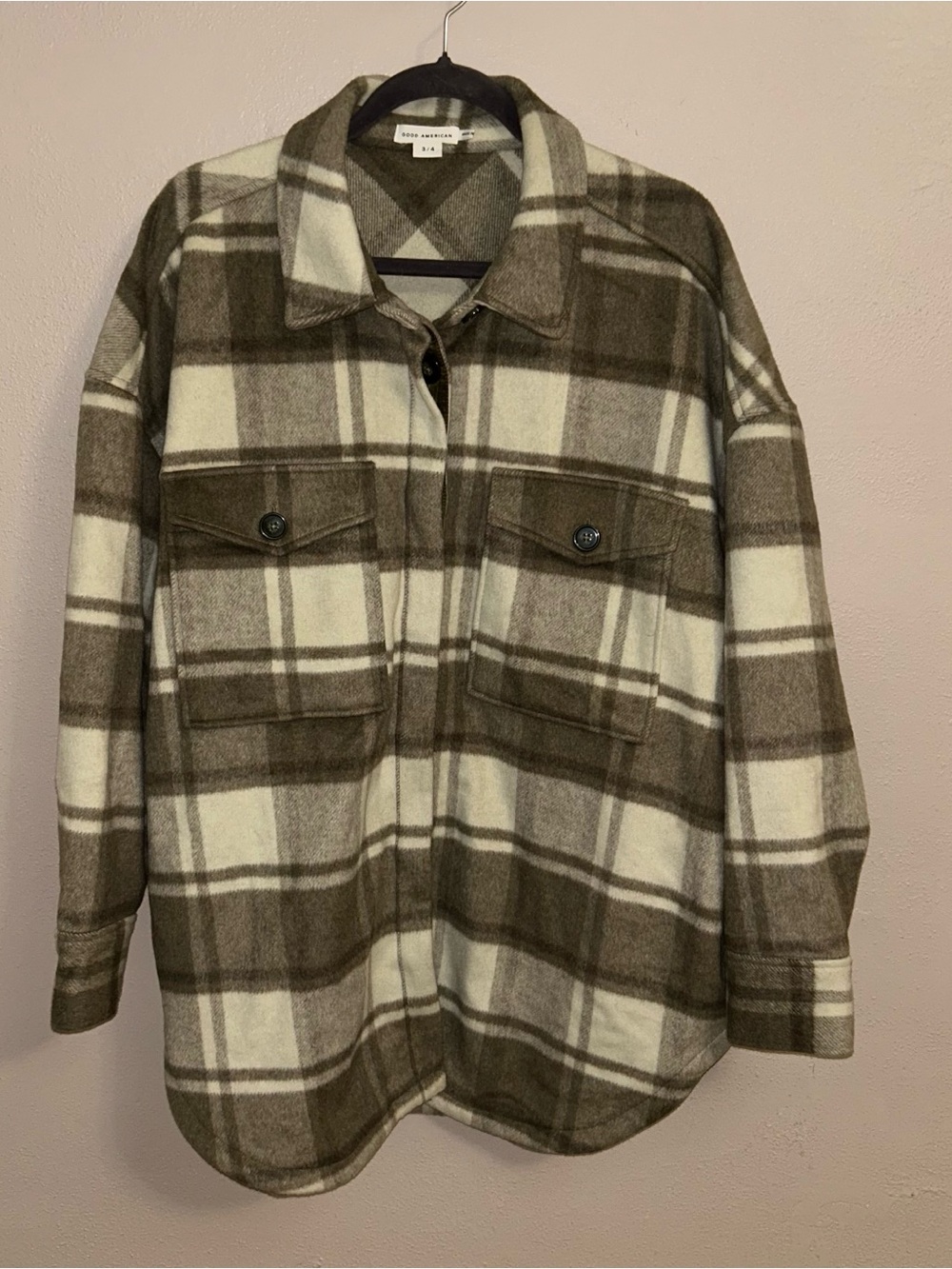 Good American Plaid Shacket 3/4 Oversized Brown Cream Flannel Jacket Cabin Core